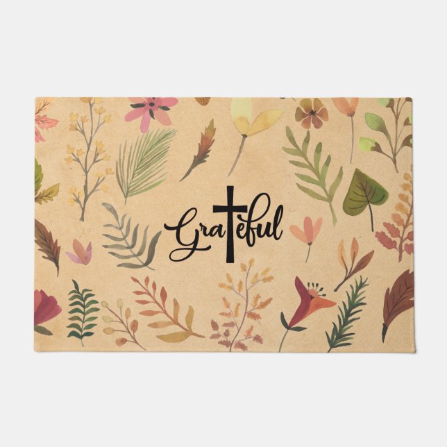 "Grateful" Cross Leaves Flowers Doormat (Front)