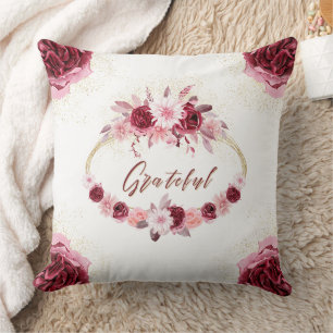 Grateful Elegant Magenta Pink Floral Gold Wreath Throw Pillow