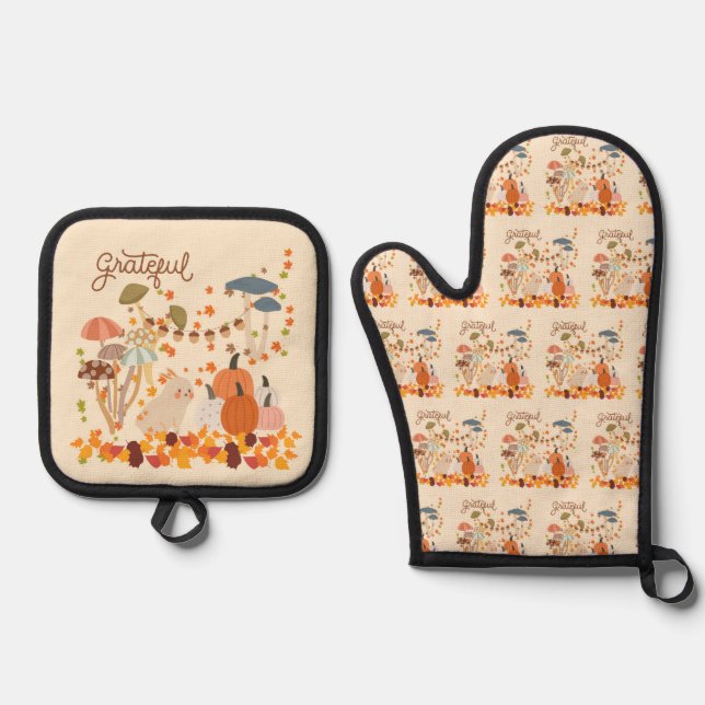 Grateful Fall Bunny Oven Mitt & Pot Holder Set (Front)