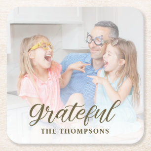 Grateful Family Photo Thanksgiving Square Paper Coaster