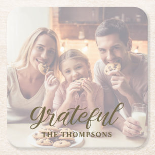 Grateful Family Photo Thanksgiving Square Paper Coaster