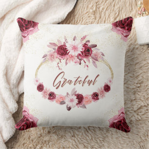 GRATEFUL Fancy Script Burgundy Floral Gold Wreath  Throw Pillow