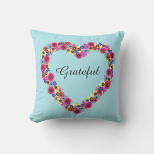Grateful Floral Heart Throw Pillow