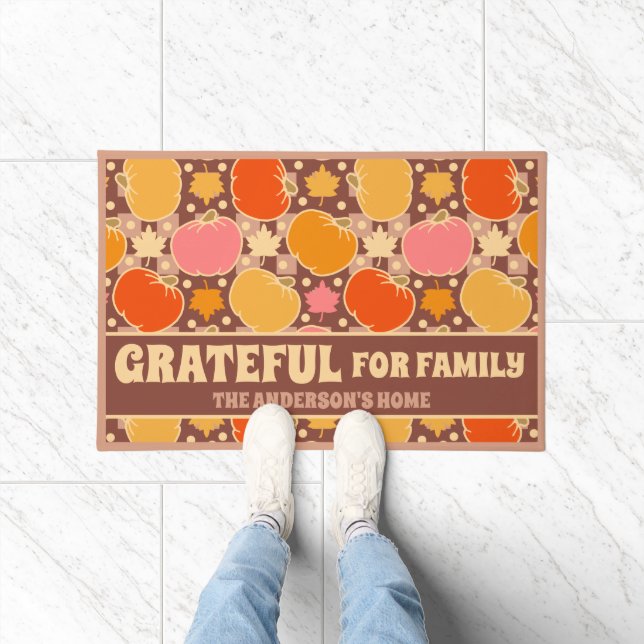 Grateful for Family Custom Name Boho Brown Plaid Doormat (Indoor)