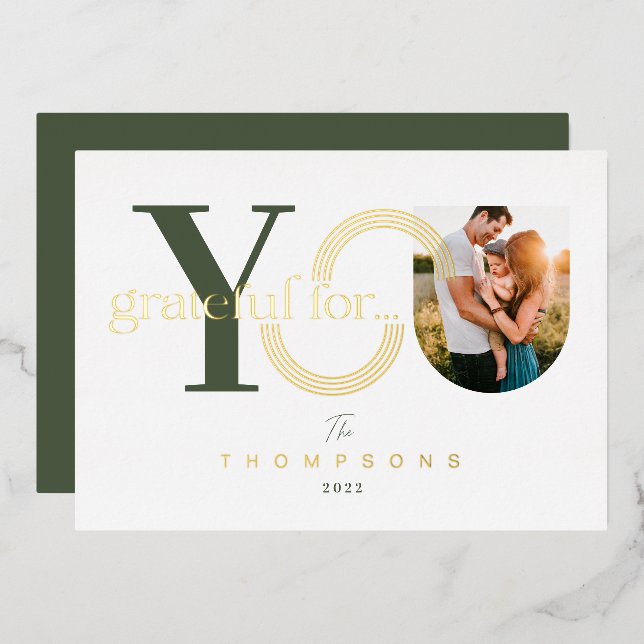 Grateful For You Modern Geometric Arch One Photo Foil Holiday Card (Front/Back)