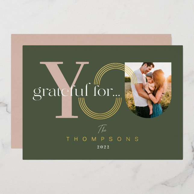 Grateful For You Modern Geometric Arch One Photo Foil Holiday Card (Front/Back)