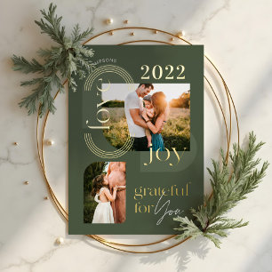 Grateful For You Modern Geometric Arch Two Photos Foil Holiday Card
