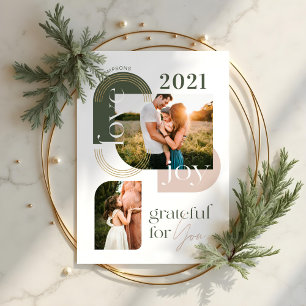 Grateful For You Modern Geometric Arch Two Photos Holiday Card
