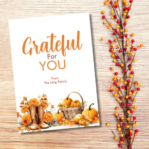 Grateful for You Orange Flowers & Pumpkin Greeting Card