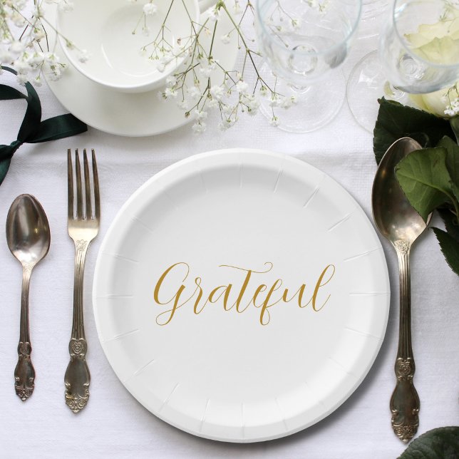 Grateful Gold Script Minimalistic Thanksgiving Paper Plate (Creator Uploaded)