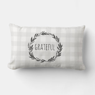 Grateful Grey Gingham Check Wreath Lumbar Pillow