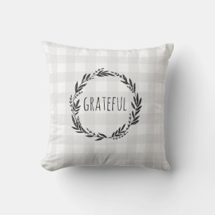 Grateful Grey Gingham Check Wreath Throw Pillow