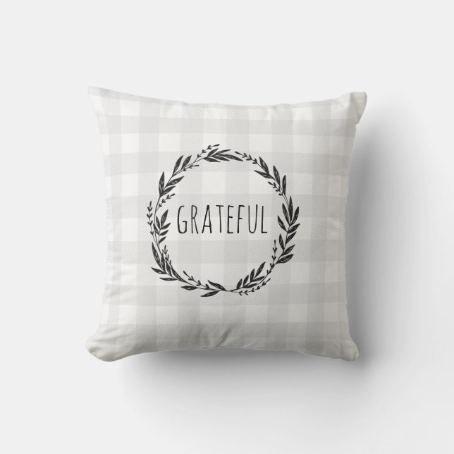 Grateful Grey Gingham Check Wreath Throw Pillow (Front)