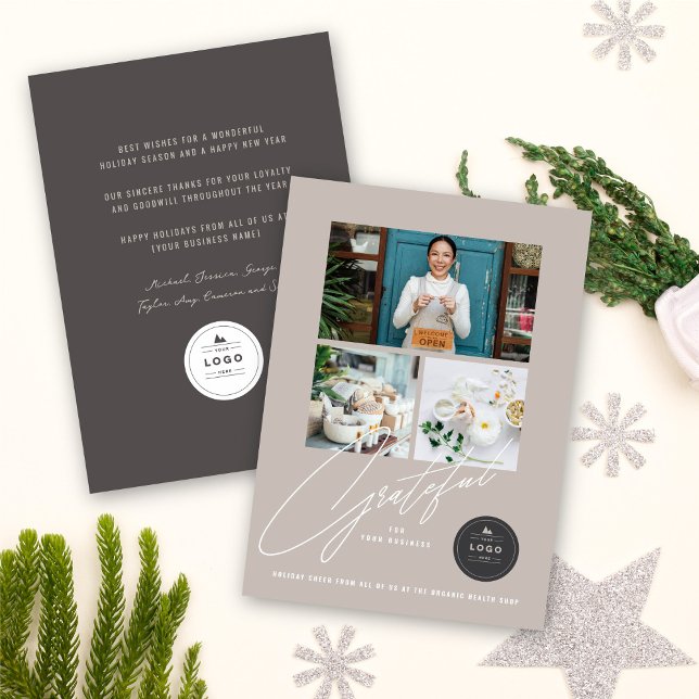 Grateful Handwrite Script 3 Photo Stylish Business Holiday Card (Creator Uploaded)