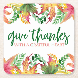 Grateful Heart Autumn Leaves Thanksgiving Border Square Paper Coaster