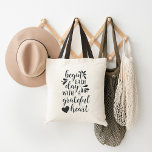 Grateful Heart | Hand Lettered Typography Quote Tote Bag<br><div class="desc">Start your day with an attitude of gratitude. Our black and white typography tote design features the quote "begin each day with a grateful heart" in hand lettered calligraphy script adorned with swashes and a heart illustration.</div>