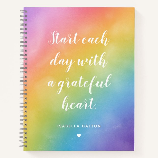 Grateful Heart Watercolor Rainbow Gratitude Quote Notebook (Front)