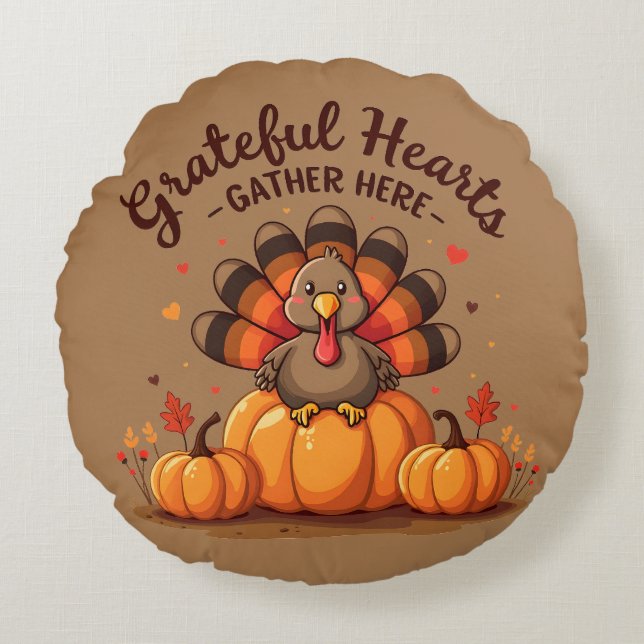 Grateful Hearts Thanksgiving Turkey Round Pillow (Front)
