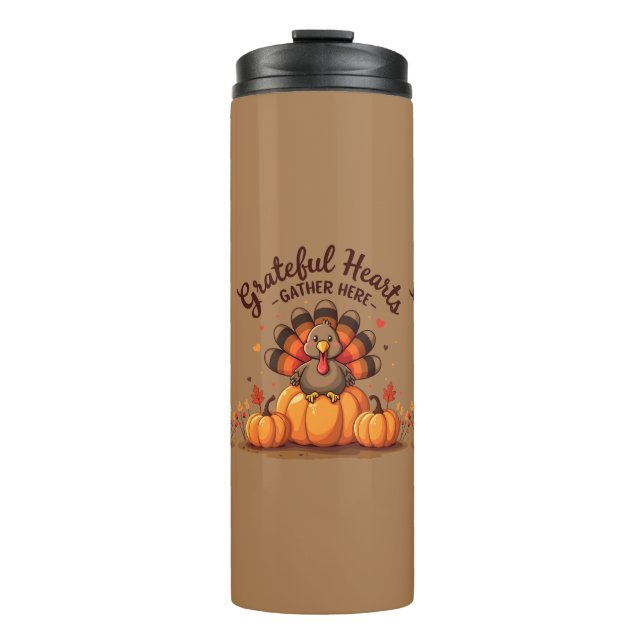Grateful Hearts Thanksgiving Turkey Thermal Tumbler (Front)