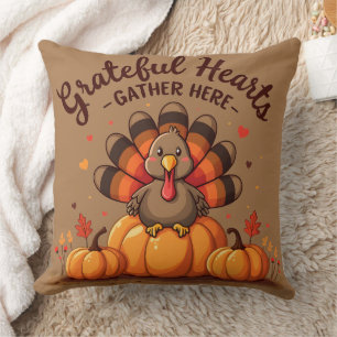 Grateful Hearts Thanksgiving Turkey Throw Pillow