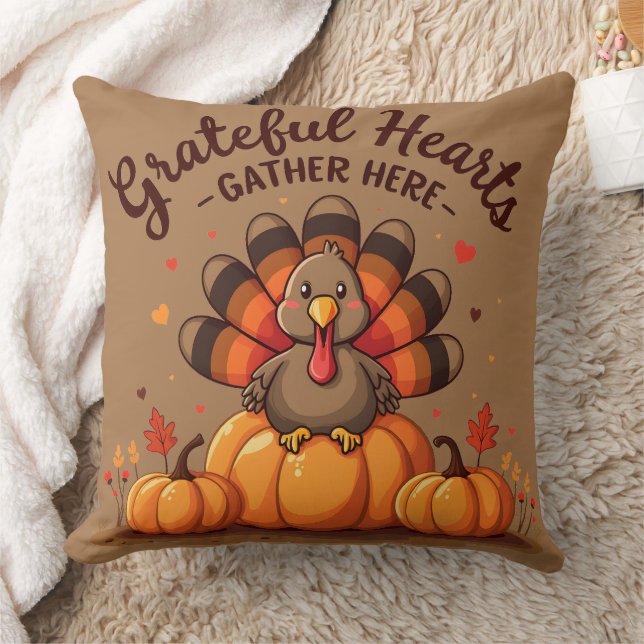 Grateful Hearts Thanksgiving Turkey Throw Pillow (Blanket)