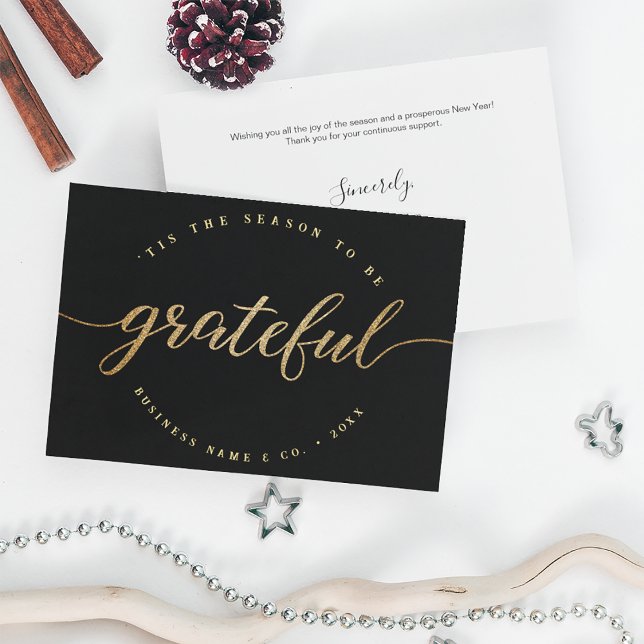 Grateful Modern Script Business Logo Corporate Holiday Card (Custom Corporate thank you grateful christmas holiday card with logo and message.)