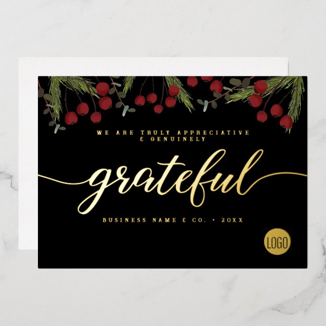 Grateful Modern Script Holly Pine business logo Foil Holiday Card (Front/Back)