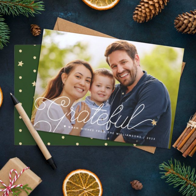 Grateful Modern Script Photo Gold Star Holiday Card (Creator Uploaded)