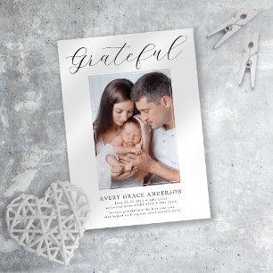 Grateful • Modern Script Photo Preemie Birth Announcement