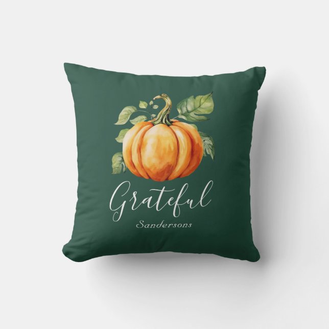 Grateful Orange Pumpkin Dark Green Personalized Throw Pillow (Front)