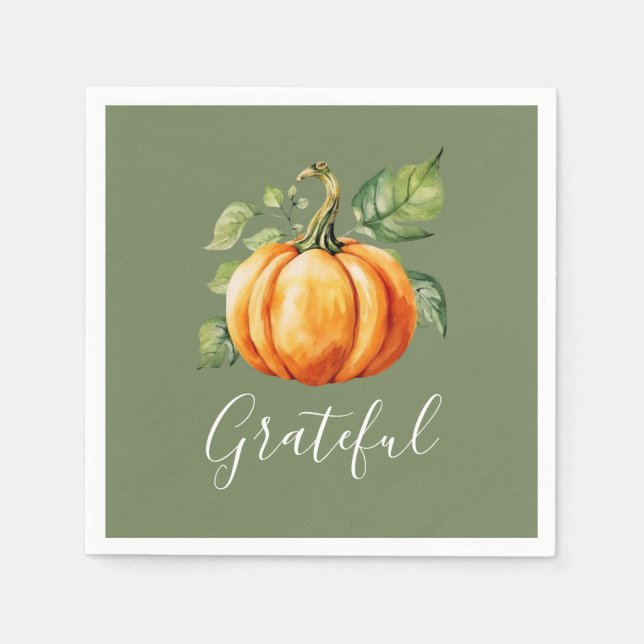 Grateful Orange Pumpkin Thanksgiving Moss Green Napkin (Front)