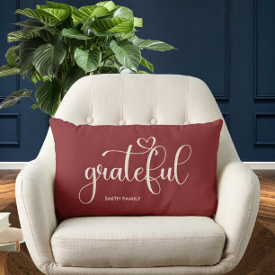Grateful Personalized Family Name Burgundy Lumbar Pillow