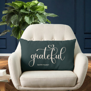 Grateful Personalized Family Name Dark Green Lumbar Pillow