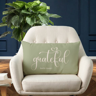 Grateful Personalized Family Name Sage Green Lumbar Pillow