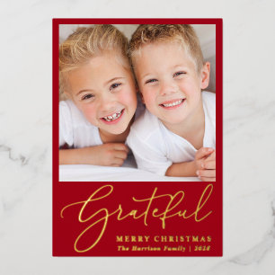 Grateful Photo Red Merry Christmas Foil Holiday Card