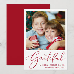 Grateful Photo Red Script Merry Christmas Holiday Card