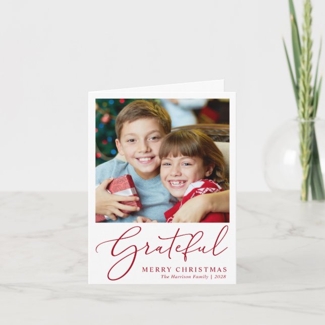 Grateful Photo Red Script Merry Christmas Holiday Card (Front)