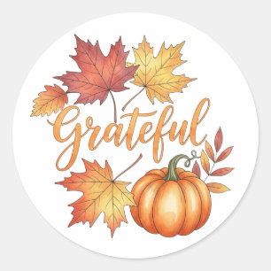 Grateful Pumpkin & Autumn Leaves Classic Round Sticker