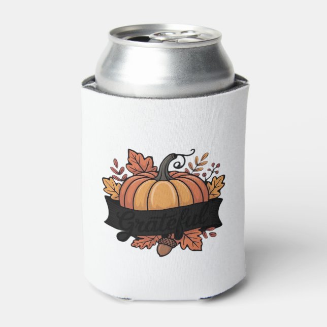 Grateful Pumpkin Autumn Leaves Design Classic T-Sh Can Cooler (Can Front)