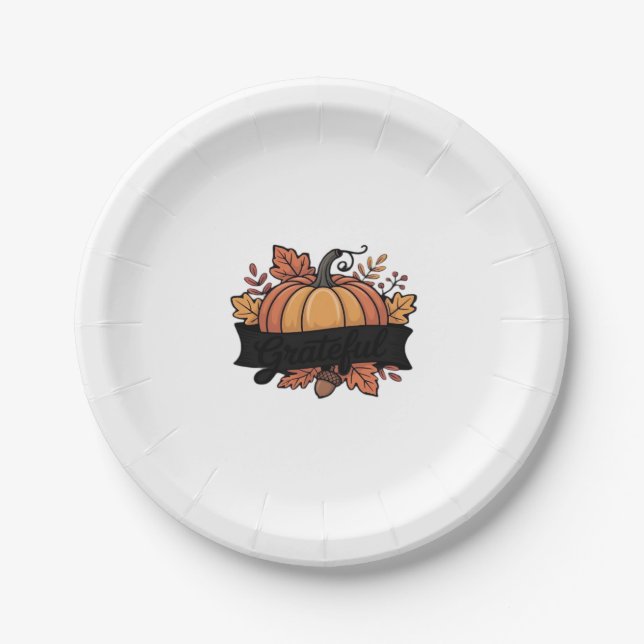 Grateful Pumpkin Autumn Leaves Design Classic T-Sh Paper Plate (Front)