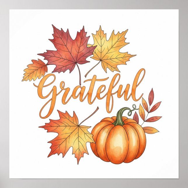 Grateful Pumpkin & Autumn Leaves Poster (Front)