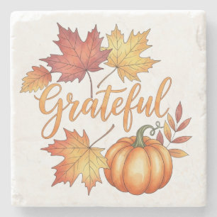 Grateful Pumpkin & Autumn Leaves  Stone Coaster