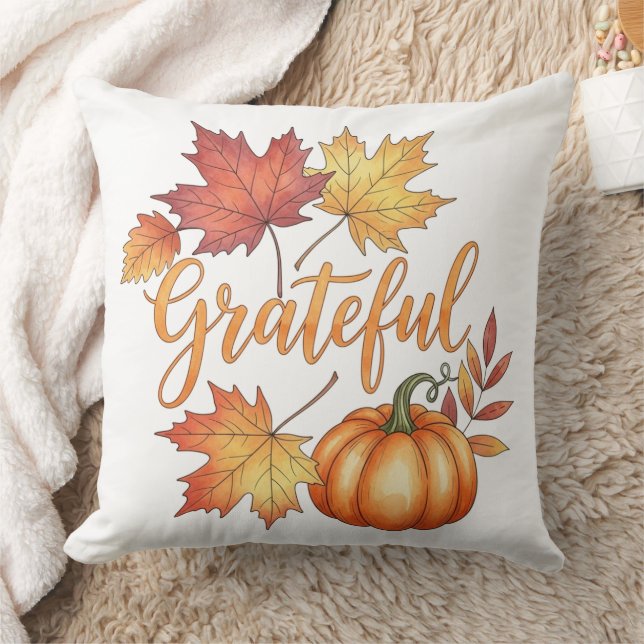 Grateful Pumpkin & Autumn Leaves Throw Pillow (Blanket)