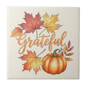 Grateful Pumpkin & Autumn Leaves Tile