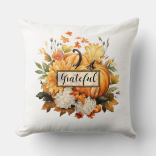 Grateful Pumpkin Floral Fall Thanksgiving Throw Pillow