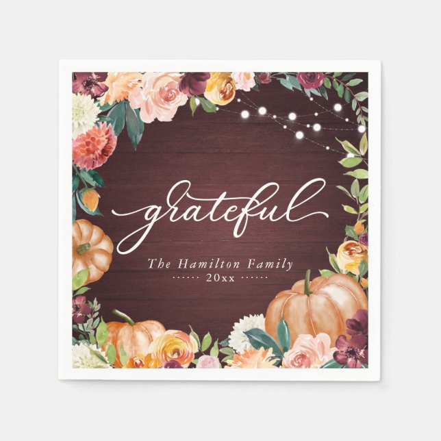 Grateful Rustic Fall Floral Thanksgiving Dinner Na Napkin (Front)
