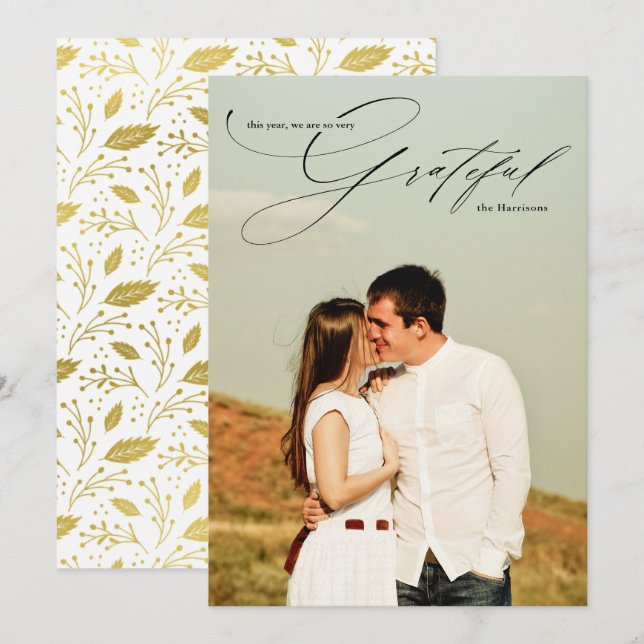 Grateful Script Calligraphy Full Photo Holiday Card (Front/Back)