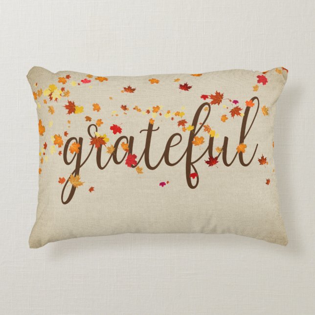 Grateful Text with Autumn Leaves Accent Pillow (Front)