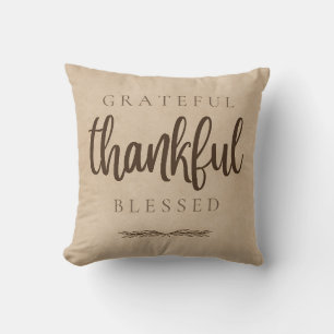 Grateful Thankful Blessed Brown Throw Pillow