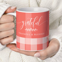 Grateful Thankful Blessed Coral & White Plaid